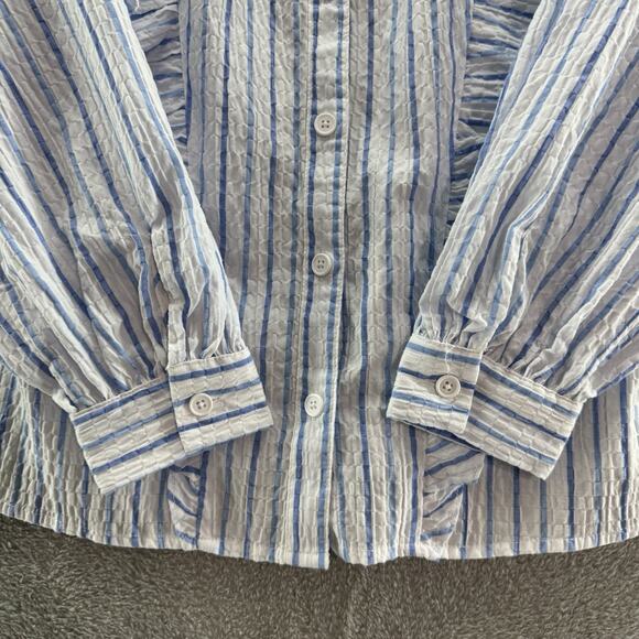 TheGET Top Womens S White Blue Striped Ruffle Button Up Crew Neck Preppy Career - Picture 5 of 12